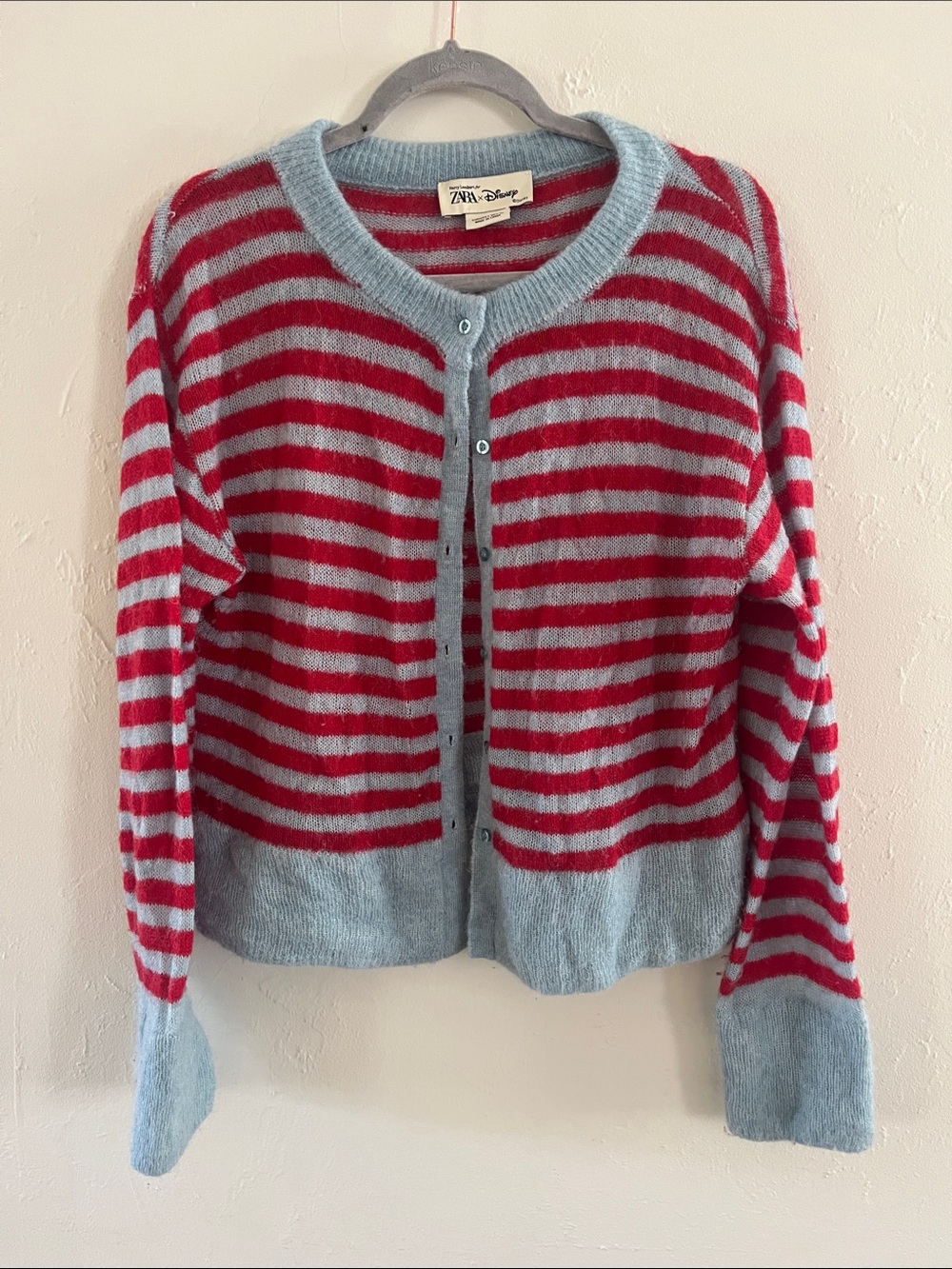 Disney x Zara Red and Light Blue Striped Crewneck Cardigan Lightweight Wool